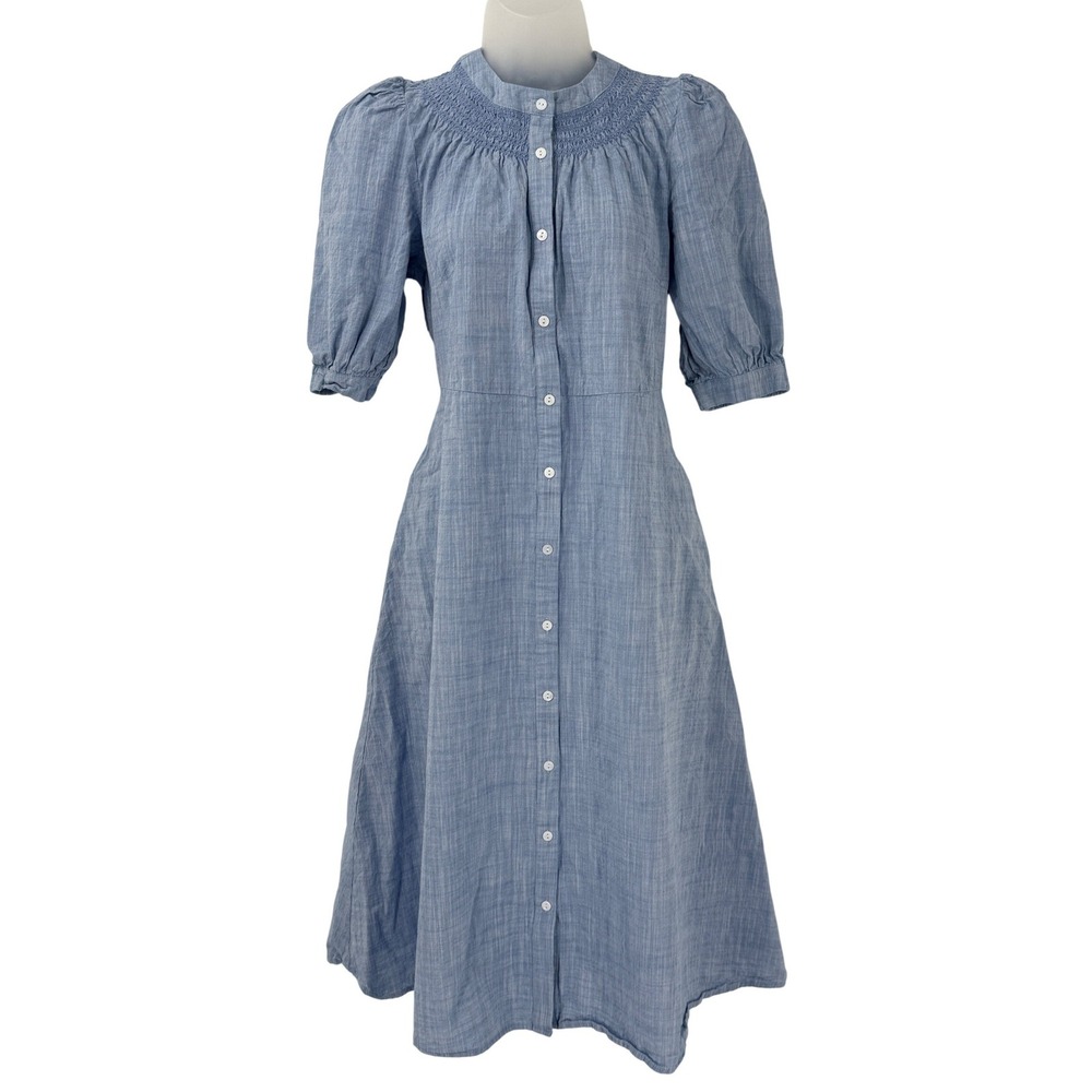 Cottagecore Smocked Button Front Midi Dress Pockets sz L preppy coquette